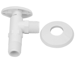 Llave angular blanca y envases plásticos Iepesa